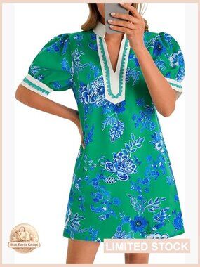 Green Floral Puff-Sleeve Mini Dress with Notch Trim